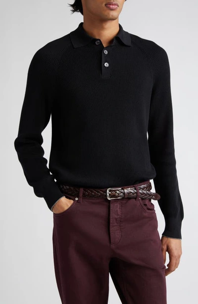 Brunello Cucinelli English Rib Long Sleeve Cotton Polo Sweater In Black
