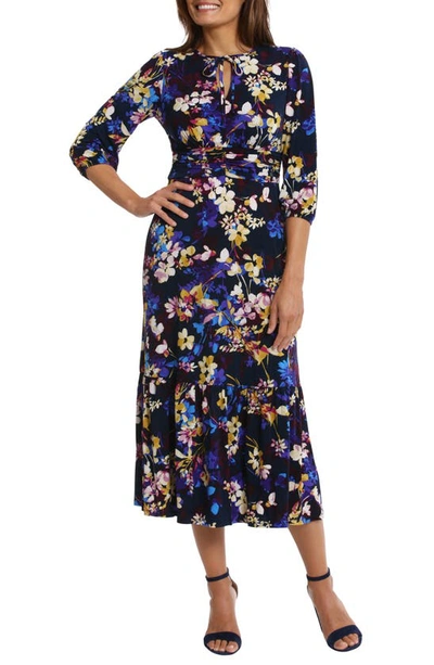 Maggy London Floral Print Tie Neck Ruffle Hem Midi Dress In Navy/ Pure Gold