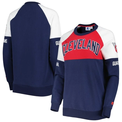 Starter Women's  Navy, Red Cleveland Guardians Baseline Raglan Pullover Sweatshirt In Navy,red