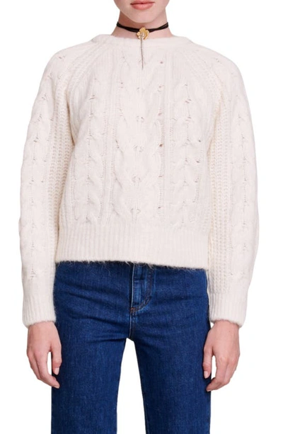 Maje Cable Knit Raglan Sweater In White
