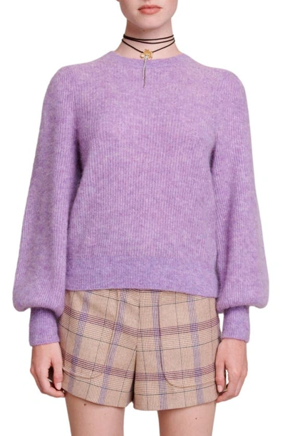 Maje Balloon Sleeve Wool & Mohair Blend Rib Sweater In Purple