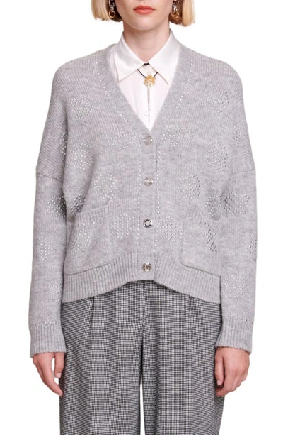 Maje Clover Stud Wool & Mohair Blend V-neck Cardigan In Gris