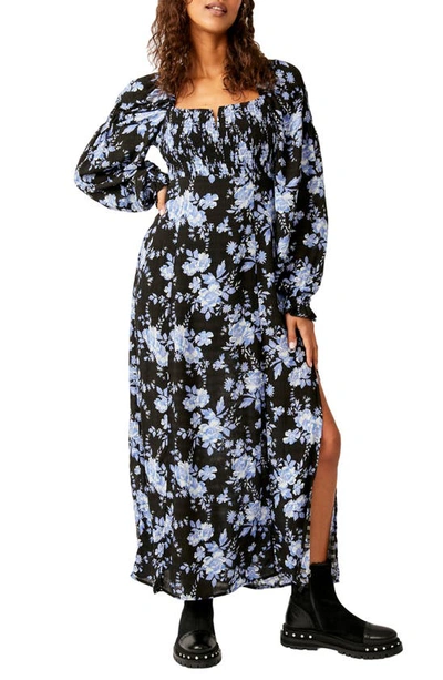 Free People Jaymes Floral Smocked Long Sleeve Maxi Dress In Black