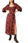 Free People Jaymes Floral Smocked Long Sleeve Maxi Dress In Red