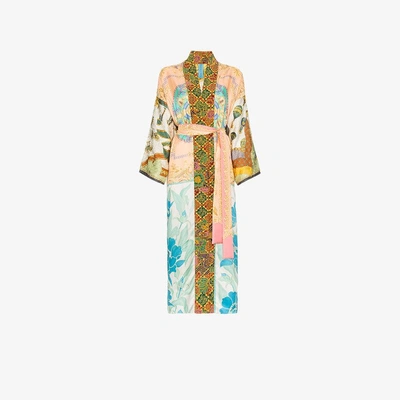 Rianna + Nina Long Printed Silk Kimono Robe In Multicolour