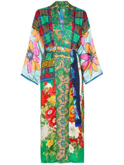 Rianna + Nina Long Multi Floral Check Print Silk Kimono Robe In Multicolour