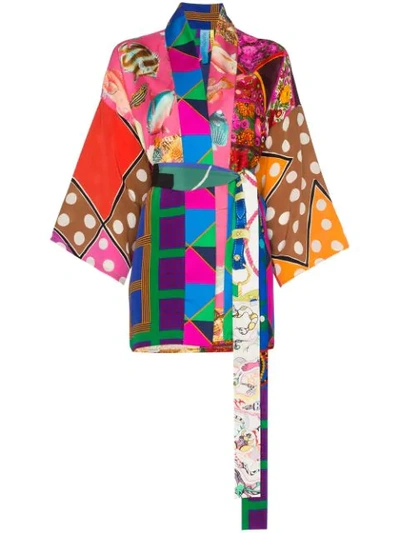 Rianna + Nina Short Multi Fish Polka Dot Print Silk Kimono Robe - Multicolour