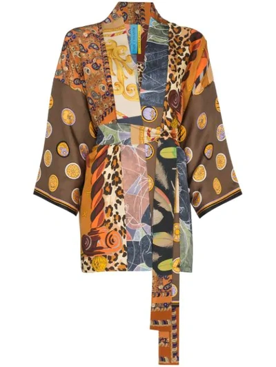 Rianna + Nina Short Multi Animal Star Print Silk Kimono Robe - Multicolour
