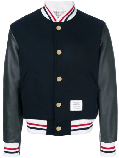 Thom Browne Button Front Melton Wool Varsity Jacket In Blue
