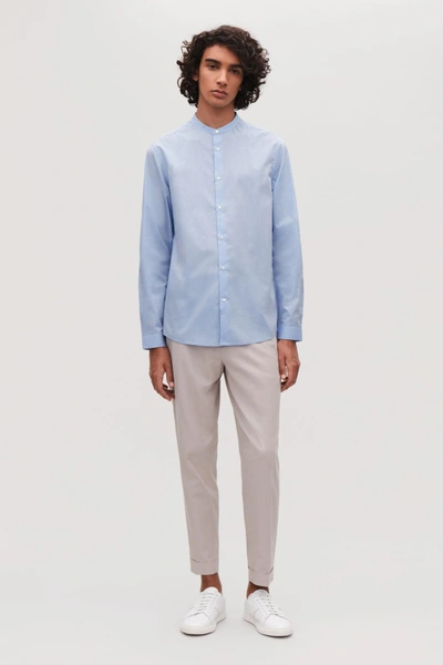 Cos Collarless Cotton Shirt In Blue