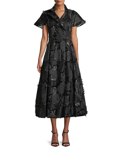 Lela Rose Button-front Flared-sleeve A-line Floral-embroidered Shirtdress