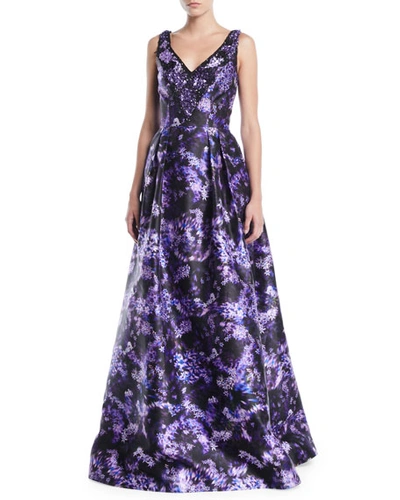 Theia Lilac-print Sleeveless Ball Gown W/ Pockets In Black/purple
