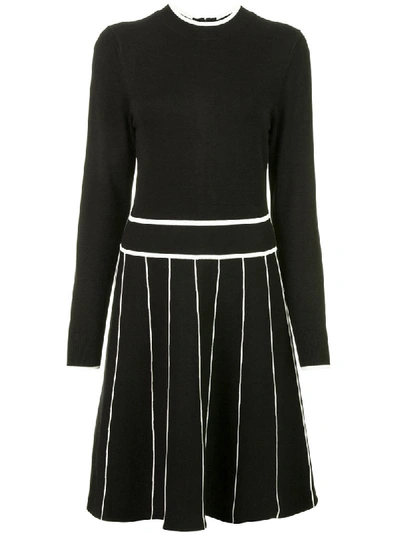 Lela Rose Long-sleeve Crewneck Striped Fit-and-flare Knit Cocktail Dress In Black