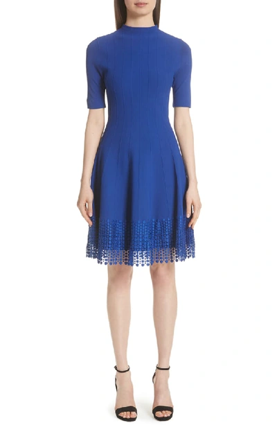 Lela Rose High-neck Elbow-sleeve Fit-and-flare Knit Dress With Lace Hem In Lapis