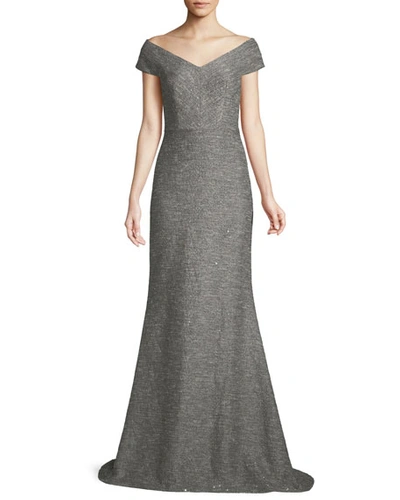 Lela Rose V-neck A-line Speckled Tweed Evening Gown In Gray Pattern