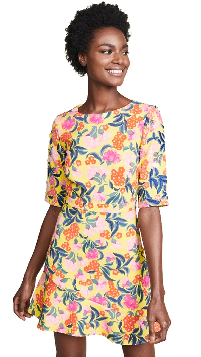 Saloni Celia-c Elbow-sleeve Printed Mini Dress In Yellow Azalea