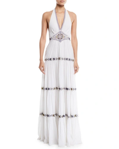 Talitha Dakota V-neck Halter Tiered Embroidered Long Cotton Dress In Ivory