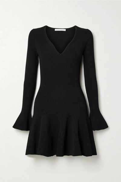 Jonathan Simkhai Ribbed V-neck Long-sleeve Mini Dress In Black