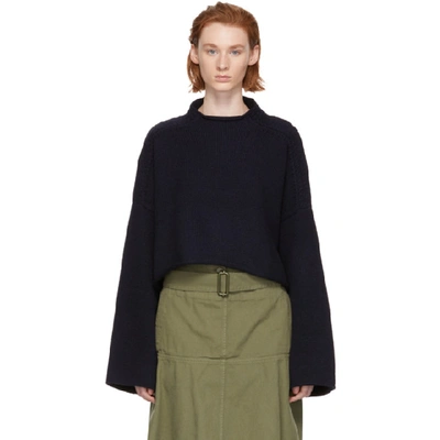 Jw Anderson Cable-knit Detail Dropped-shoulder Wool-cashmere Sweater In Navy