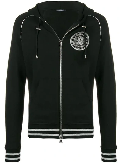 Balmain Crest-print Cotton-jersey Hooded Sweatshirt In Black