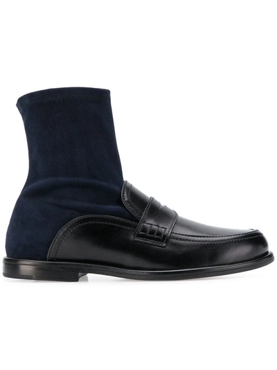 Loewe 20mm Suede & Leather Ankle Loafer Boots In Black/navy