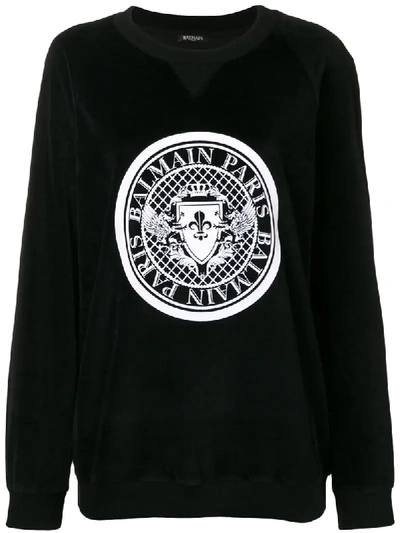 Balmain Printed-crest Cotton-velvet Sweatshirt In Black