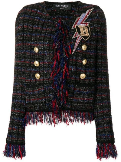 Balmain Embellished Fringed Tweed Jacket In Noir/argent/bleu/rouge 5123c