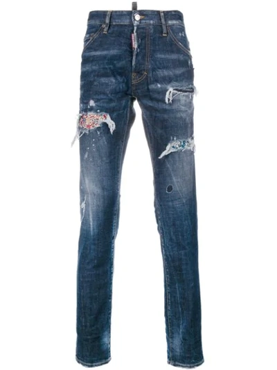 Dsquared2 16.5cm Cool Guy Floral Patch Denim Jeans In Blue