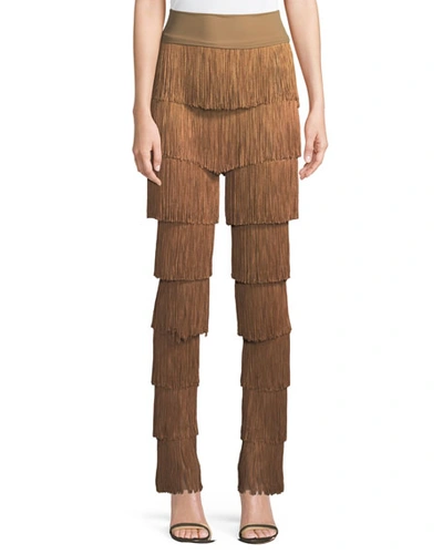 Norma Kamali Stretchy All Over Fringe Boot-cut Pants In Beige