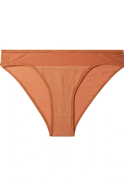 Skin Onyx Tulle-trimmed Stretch Organic Pima Cotton-jersey Briefs In Brick