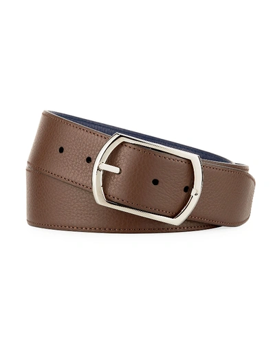 Simonnot Godard Reversible Grained Leather Belt In Brown/blue