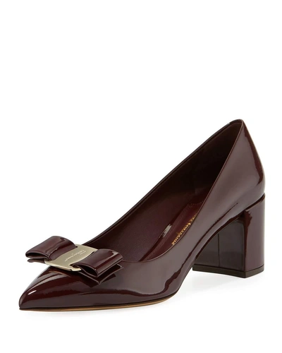 Ferragamo Patent Leather Block-heel Bow Pointed-toe Pumps In Burgundy Wine