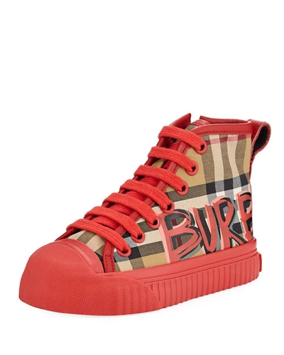 Burberry Kingly Graffiti-logo Check High-top Sneaker, Toddler In Red