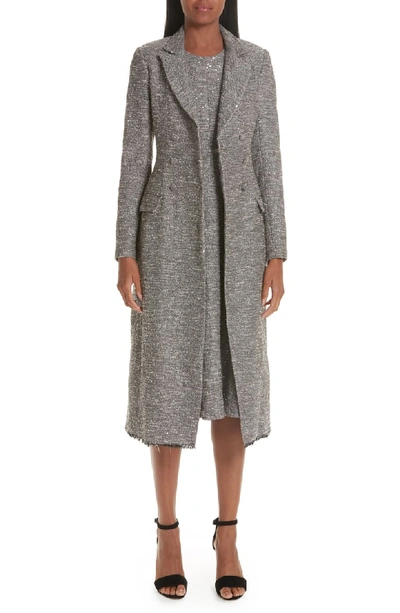 Lela Rose Double-breasted Seamed Tweed Coat W/ Fringe Hem In Smoke