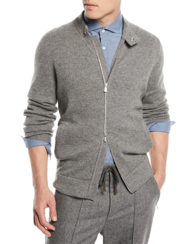 Brunello Cucinelli Wool/cashmere Zip-front Cardigan In Dark Gray