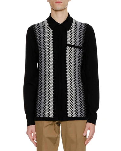 Lanvin Men's Fading Chevron Jacquard Knit Wool Sweater Shirt In Black