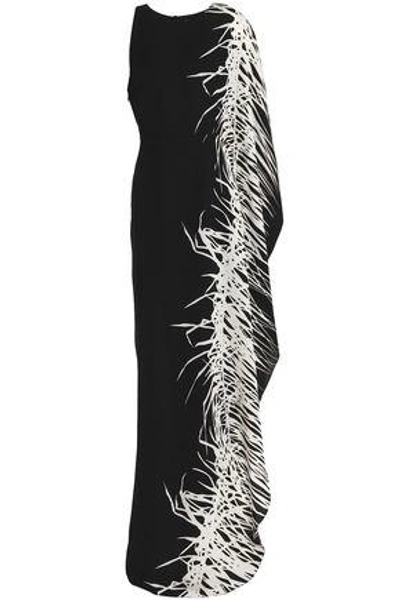 Halston Heritage Asymmetric Printed Crepe Gown In Black