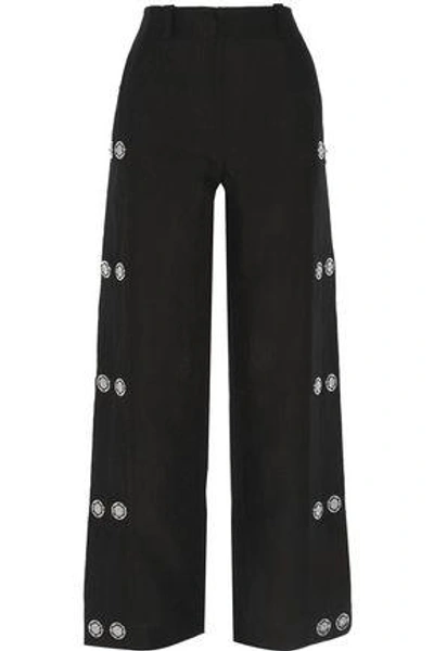 Loewe Embellished Linen Wide-leg Pants In Black
