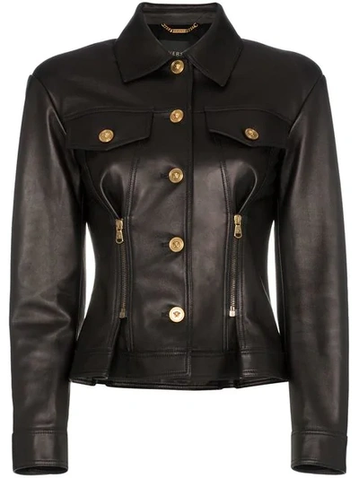 Versace Leather Button Down Zip Detail Jacket In A1008  Black