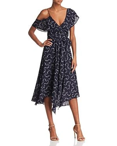 Likely Leilani Ruffled Botanical Print Wrap Dress In Navy/white