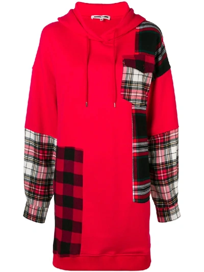Mcq By Alexander Mcqueen Hooded Oversized Patchwork Cotton-jersey And Checked Flannel Dress In Red