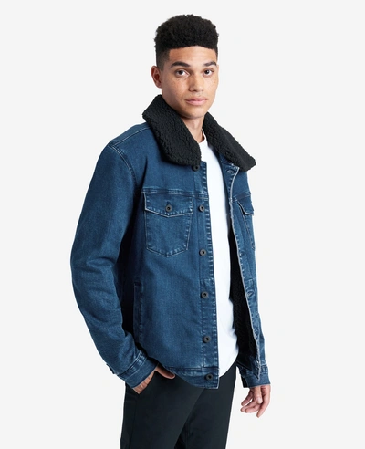 Kenneth Cole Stretch Denim Jacket In Blue With Sherpa Collar + Lining