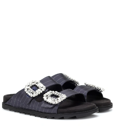 Roger Vivier Slidy Viv Strass Buckle Crystal-embellished And Striped Leather Sliders In Blue