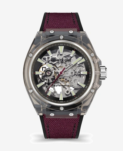 Kenneth Cole Automatic Skeleton Watch With Fabric Strap In Black,red