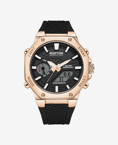 Reaction Kenneth Cole Analog And Digital Rose Gold-tone Watch With Textured Black Silicone Strap By Kenneth Cole