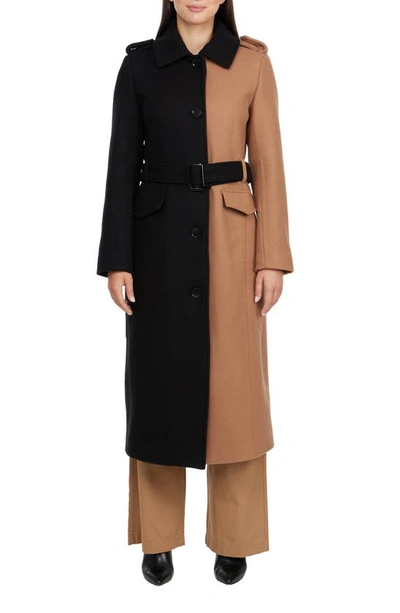 Badgley Mischka Faux Fur Collar Colorblock Coat In Black Camel