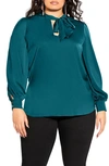 City Chic In Awe Tie Neck Top In Teal