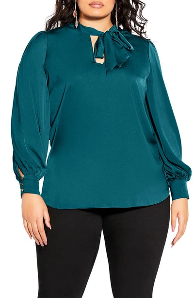 City Chic In Awe Tie Neck Top In Teal