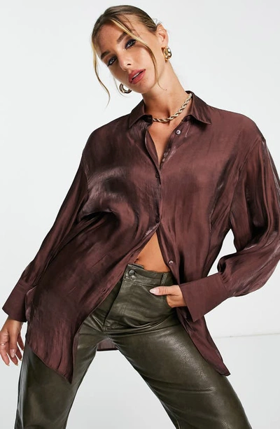 Asos Design Oversize Metallic Button-up Shirt In Brown