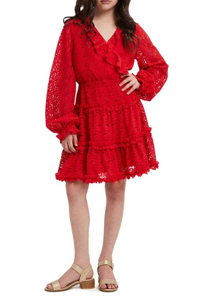 Bardot Junior Kids' Triana Long Sleeve Lace Party Dress In Rose Red